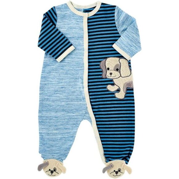 Stephan Baby Boys Blue Striped Puppy Footed Romper Pajamas - 0-3 Mos - Picture 1 of 2
